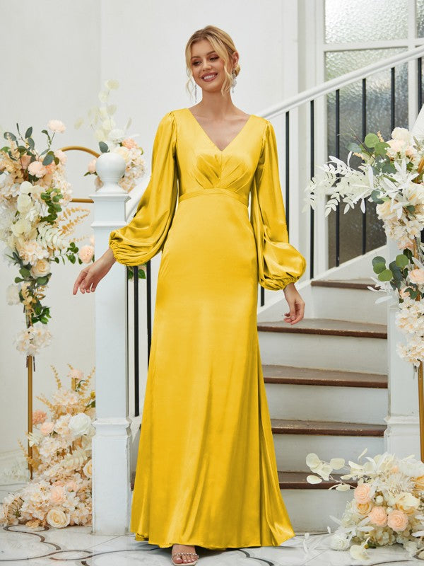 Sheath/Column Silk like Satin Ruched V-neck Long Sleeves Floor-Length Bridesmaid Dresses Formal Evening Dress