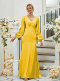 Sheath/Column Silk like Satin Ruched V-neck Long Sleeves Floor-Length Bridesmaid Dresses Formal Evening Dress