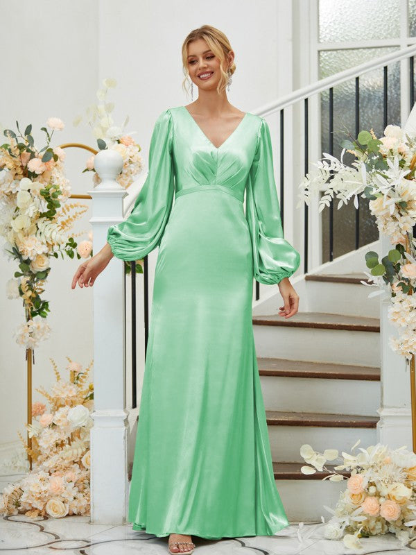 Sheath/Column Silk like Satin Ruched V-neck Long Sleeves Floor-Length Bridesmaid Dresses Formal Evening Dress