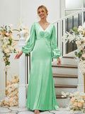 Sheath/Column Silk like Satin Ruched V-neck Long Sleeves Floor-Length Bridesmaid Dresses Formal Evening Dress