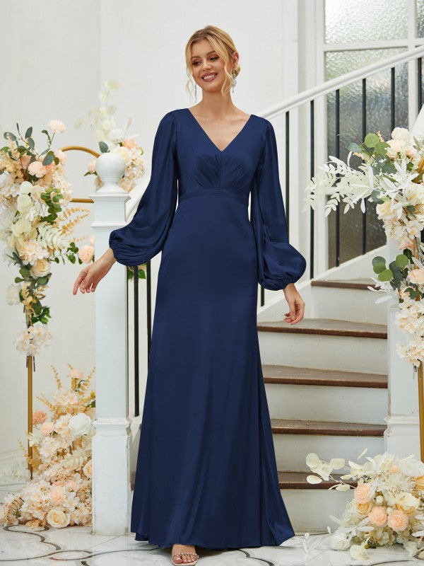Sheath/Column Silk like Satin Ruched V-neck Long Sleeves Floor-Length Bridesmaid Dresses Formal Evening Dress