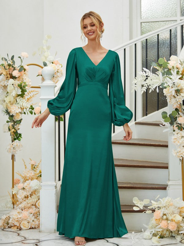 Sheath/Column Silk like Satin Ruched V-neck Long Sleeves Floor-Length Bridesmaid Dresses Formal Evening Dress
