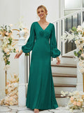 Sheath/Column Silk like Satin Ruched V-neck Long Sleeves Floor-Length Bridesmaid Dresses Formal Evening Dress