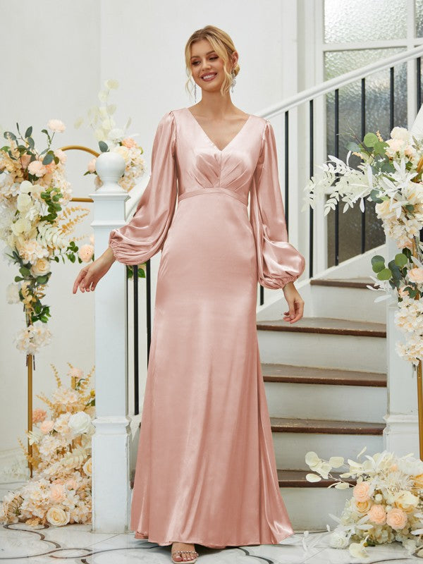 Sheath/Column Silk like Satin Ruched V-neck Long Sleeves Floor-Length Bridesmaid Dresses Formal Evening Dress