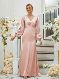 Sheath/Column Silk like Satin Ruched V-neck Long Sleeves Floor-Length Bridesmaid Dresses Formal Evening Dress