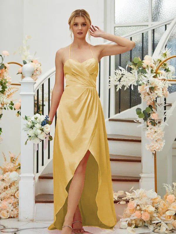 A-Linie/Princess-Linie Seide wie Satin Gerafft V-Ausschnitt Ärmellos Asymmetrisch Brautjungfernkleider