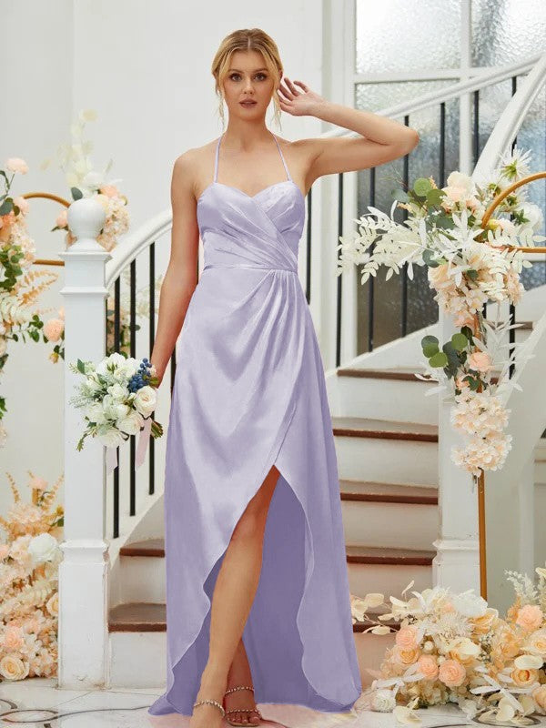 A-Linie/Princess-Linie Seide wie Satin Gerafft V-Ausschnitt Ärmellos Asymmetrisch Brautjungfernkleider