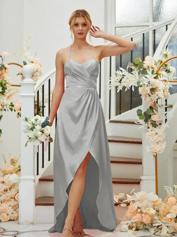 A-Linie/Princess-Linie Seide wie Satin Gerafft V-Ausschnitt Ärmellos Asymmetrisch Brautjungfernkleider
