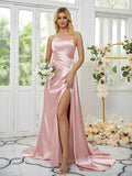 Sheath/Column Silk like Satin Ruched Spaghetti Straps Sleeveless Sweep/Brush Train Bridesmaid Dresses Formal Evening Dress