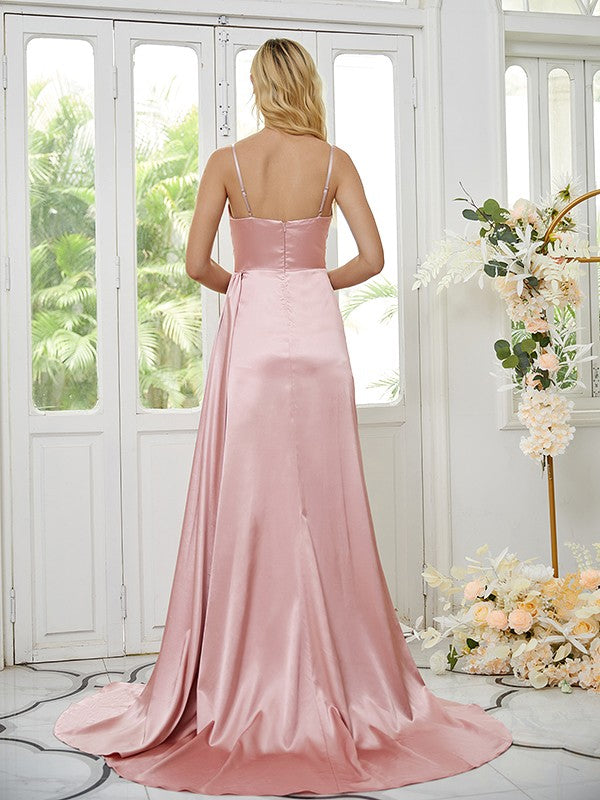 Sheath/Column Silk like Satin Ruched Spaghetti Straps Sleeveless Sweep/Brush Train Bridesmaid Dresses Formal Evening Dress