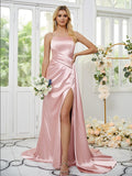 Sheath/Column Silk like Satin Ruched Spaghetti Straps Sleeveless Sweep/Brush Train Bridesmaid Dresses Formal Evening Dress