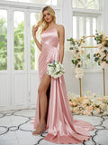 Sheath/Column Silk like Satin Ruched Spaghetti Straps Sleeveless Sweep/Brush Train Bridesmaid Dresses Formal Evening Dress