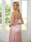Sheath/Column Silk like Satin Ruched Spaghetti Straps Sleeveless Sweep/Brush Train Bridesmaid Dresses Formal Evening Dress