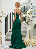 Sheath/Column Jersey Applique Spaghetti Straps Sleeveless Sweep/Brush Train Bridesmaid Dresses Formal Evening Dress