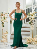 Sheath/Column Jersey Applique Spaghetti Straps Sleeveless Sweep/Brush Train Bridesmaid Dresses Formal Evening Dress