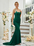 Sheath/Column Jersey Applique Spaghetti Straps Sleeveless Sweep/Brush Train Bridesmaid Dresses Formal Evening Dress