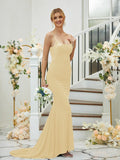Sheath/Column Jersey Applique Spaghetti Straps Sleeveless Sweep/Brush Train Bridesmaid Dresses Formal Evening Dress