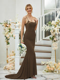 Sheath/Column Jersey Applique Spaghetti Straps Sleeveless Sweep/Brush Train Bridesmaid Dresses Formal Evening Dress