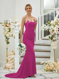 Sheath/Column Jersey Applique Spaghetti Straps Sleeveless Sweep/Brush Train Bridesmaid Dresses Formal Evening Dress