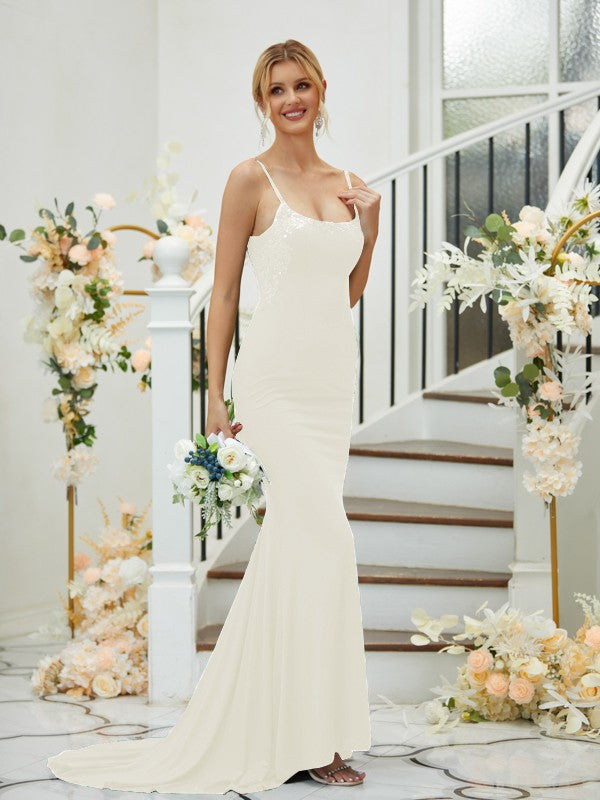 Sheath/Column Jersey Applique Spaghetti Straps Sleeveless Sweep/Brush Train Bridesmaid Dresses Formal Evening Dress