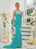 Sheath/Column Jersey Applique Spaghetti Straps Sleeveless Sweep/Brush Train Bridesmaid Dresses Formal Evening Dress