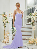 Sheath/Column Jersey Applique Spaghetti Straps Sleeveless Sweep/Brush Train Bridesmaid Dresses Formal Evening Dress
