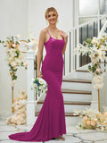 Sheath/Column Jersey Applique Spaghetti Straps Sleeveless Sweep/Brush Train Bridesmaid Dresses Formal Evening Dress