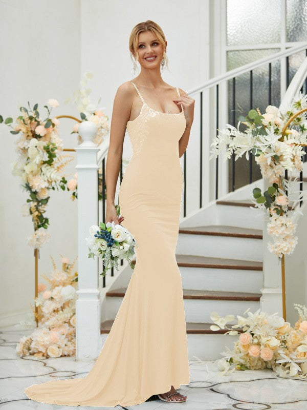 Sheath/Column Jersey Applique Spaghetti Straps Sleeveless Sweep/Brush Train Bridesmaid Dresses Formal Evening Dress