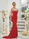 Sheath/Column Jersey Applique Spaghetti Straps Sleeveless Sweep/Brush Train Bridesmaid Dresses Formal Evening Dress