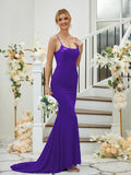 Sheath/Column Jersey Applique Spaghetti Straps Sleeveless Sweep/Brush Train Bridesmaid Dresses Formal Evening Dress