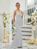 Sheath/Column Jersey Applique Spaghetti Straps Sleeveless Sweep/Brush Train Bridesmaid Dresses Formal Evening Dress