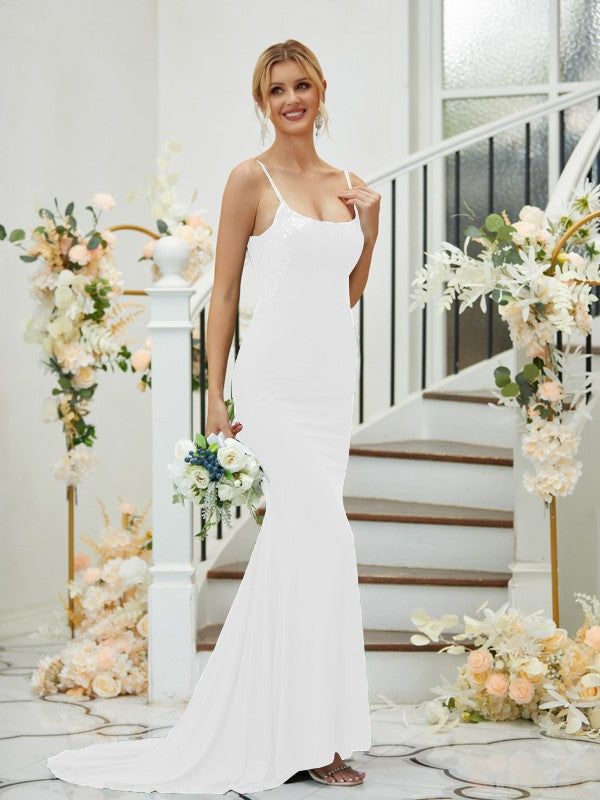 Sheath/Column Jersey Applique Spaghetti Straps Sleeveless Sweep/Brush Train Bridesmaid Dresses Formal Evening Dress