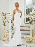 Sheath/Column Jersey Applique Spaghetti Straps Sleeveless Sweep/Brush Train Bridesmaid Dresses Formal Evening Dress