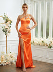 Sheath/Column Silk like Satin Ruched One-Shoulder Sleeveless Sweep/Brush Train Bridesmaid Dresses Formal Evening Dress