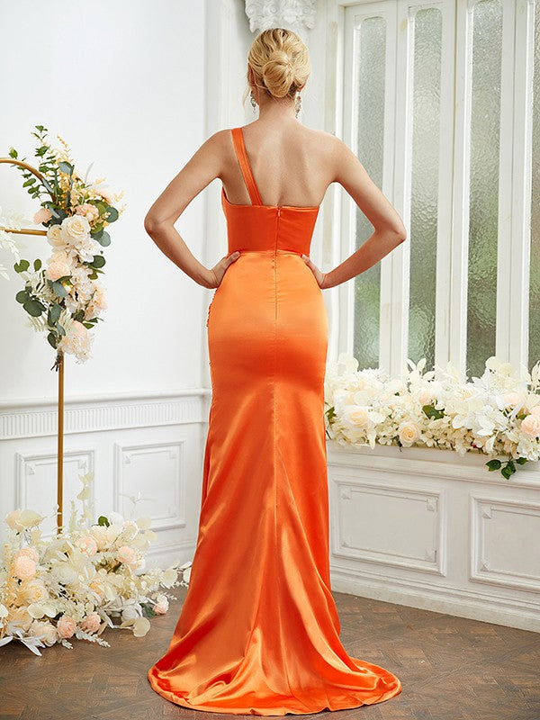 Sheath/Column Silk like Satin Ruched One-Shoulder Sleeveless Sweep/Brush Train Bridesmaid Dresses Formal Evening Dress