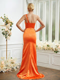 Sheath/Column Silk like Satin Ruched One-Shoulder Sleeveless Sweep/Brush Train Bridesmaid Dresses Formal Evening Dress