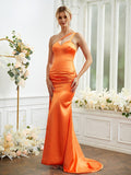 Sheath/Column Silk like Satin Ruched One-Shoulder Sleeveless Sweep/Brush Train Bridesmaid Dresses Formal Evening Dress