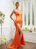 Sheath/Column Silk like Satin Ruched One-Shoulder Sleeveless Sweep/Brush Train Bridesmaid Dresses Formal Evening Dress
