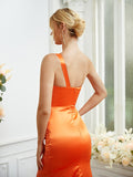 Sheath/Column Silk like Satin Ruched One-Shoulder Sleeveless Sweep/Brush Train Bridesmaid Dresses Formal Evening Dress