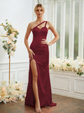 Sheath/Column Silk like Satin Ruched One-Shoulder Sleeveless Sweep/Brush Train Bridesmaid Dresses Formal Evening Dress