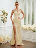 Sheath/Column Silk like Satin Ruched One-Shoulder Sleeveless Sweep/Brush Train Bridesmaid Dresses Formal Evening Dress