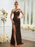 Sheath/Column Silk like Satin Ruched One-Shoulder Sleeveless Sweep/Brush Train Bridesmaid Dresses Formal Evening Dress