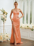 Sheath/Column Silk like Satin Ruched One-Shoulder Sleeveless Sweep/Brush Train Bridesmaid Dresses Formal Evening Dress