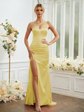 Sheath/Column Silk like Satin Ruched One-Shoulder Sleeveless Sweep/Brush Train Bridesmaid Dresses Formal Evening Dress