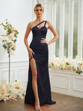 Sheath/Column Silk like Satin Ruched One-Shoulder Sleeveless Sweep/Brush Train Bridesmaid Dresses Formal Evening Dress