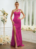 Sheath/Column Silk like Satin Ruched One-Shoulder Sleeveless Sweep/Brush Train Bridesmaid Dresses Formal Evening Dress
