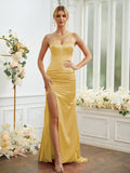 Sheath/Column Silk like Satin Ruched One-Shoulder Sleeveless Sweep/Brush Train Bridesmaid Dresses Formal Evening Dress