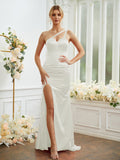 Sheath/Column Silk like Satin Ruched One-Shoulder Sleeveless Sweep/Brush Train Bridesmaid Dresses Formal Evening Dress