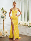 Sheath/Column Silk like Satin Ruched One-Shoulder Sleeveless Sweep/Brush Train Bridesmaid Dresses Formal Evening Dress