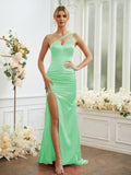 Sheath/Column Silk like Satin Ruched One-Shoulder Sleeveless Sweep/Brush Train Bridesmaid Dresses Formal Evening Dress